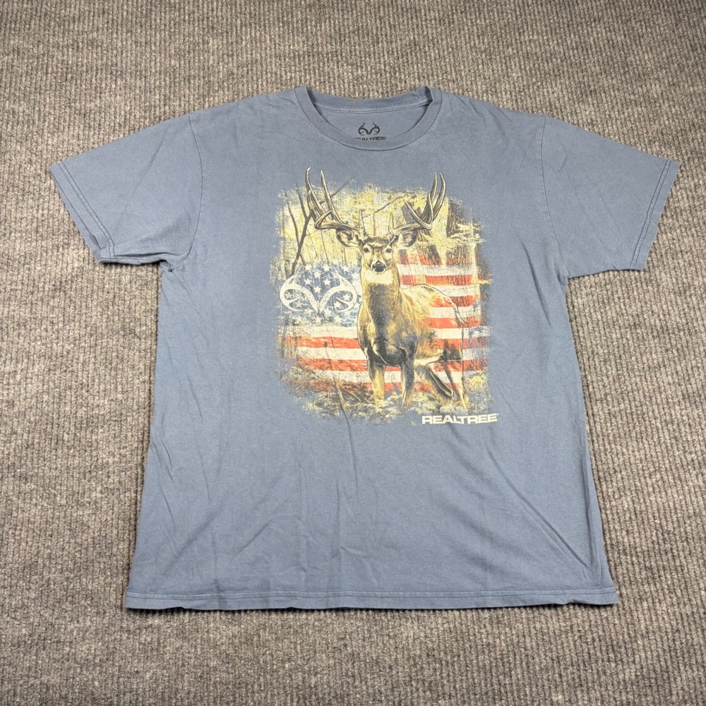 Realtree Shirt Men's L Northern Outpost Blue Graphic Deer American Flag